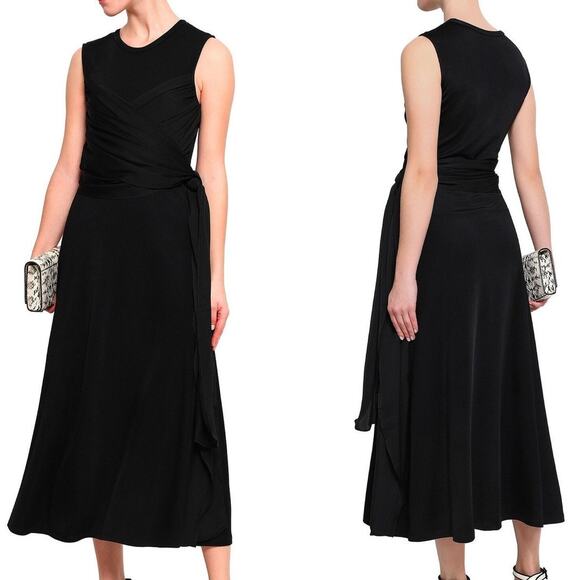 Sandro Paris Trudy Black Sleeveless Midi Dress US 8 EU 40 Ruched Tie Waist NWT - Picture 1 of 16